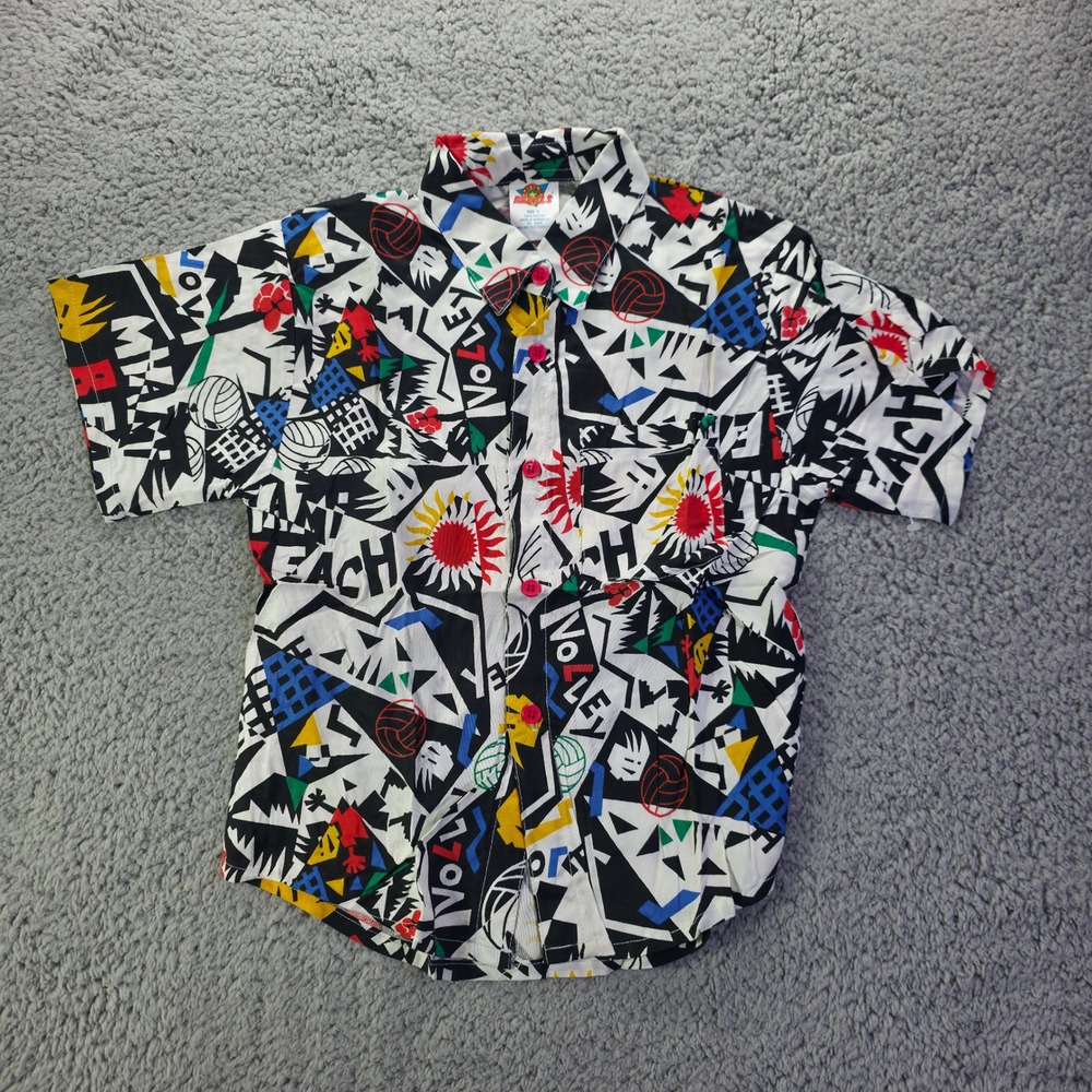 Vintage Rebels Kids Size 7 Miami Beach Volleyball Rayon Button Up Shirt 90s